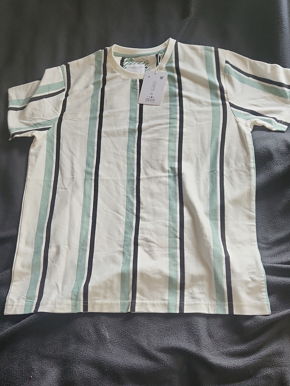 Denim & Flower Vertical Stripe Short Sleeve Tee - White, Mint & Black